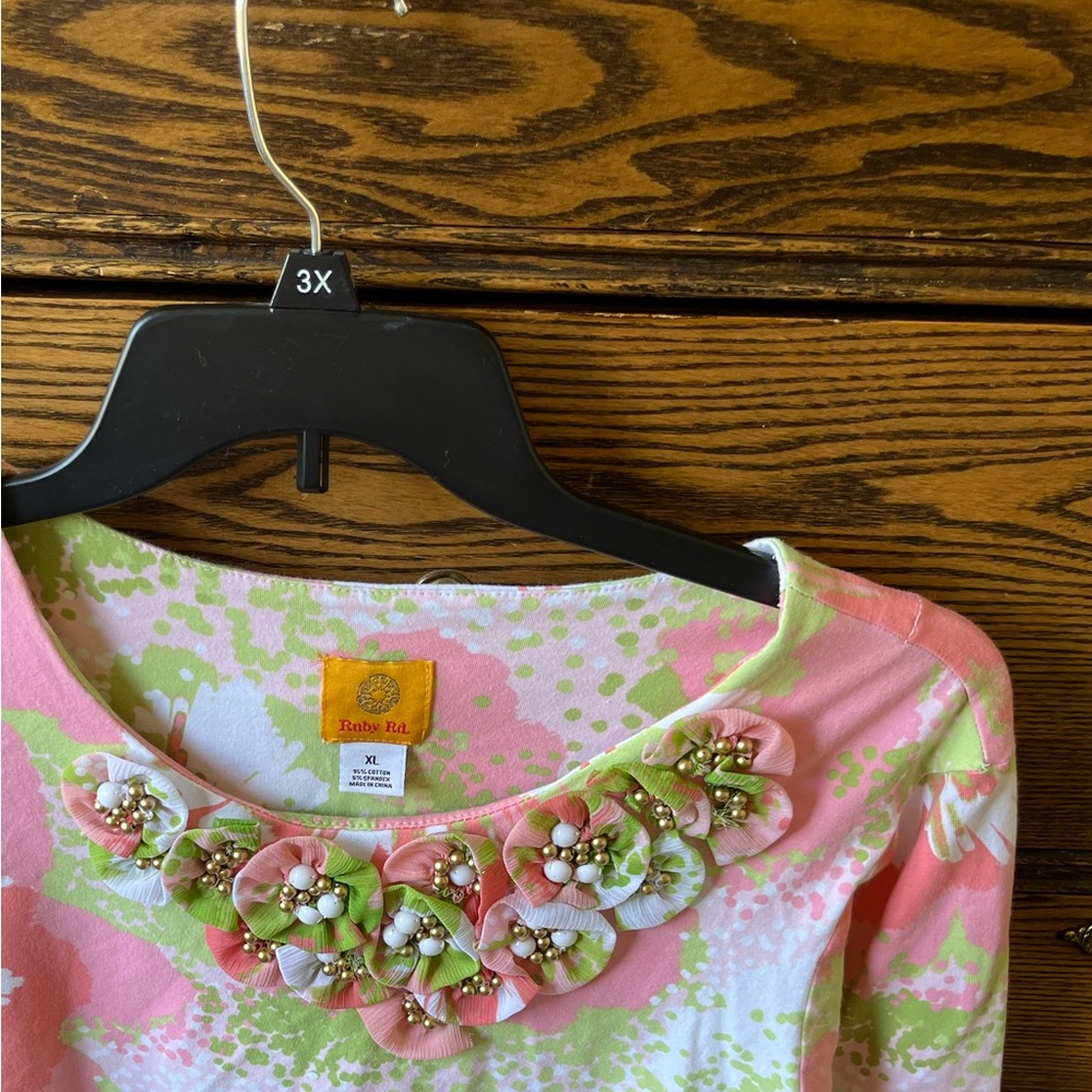 Ruby RD , lovely floral, embellishments, pink, white and green Pull over.
